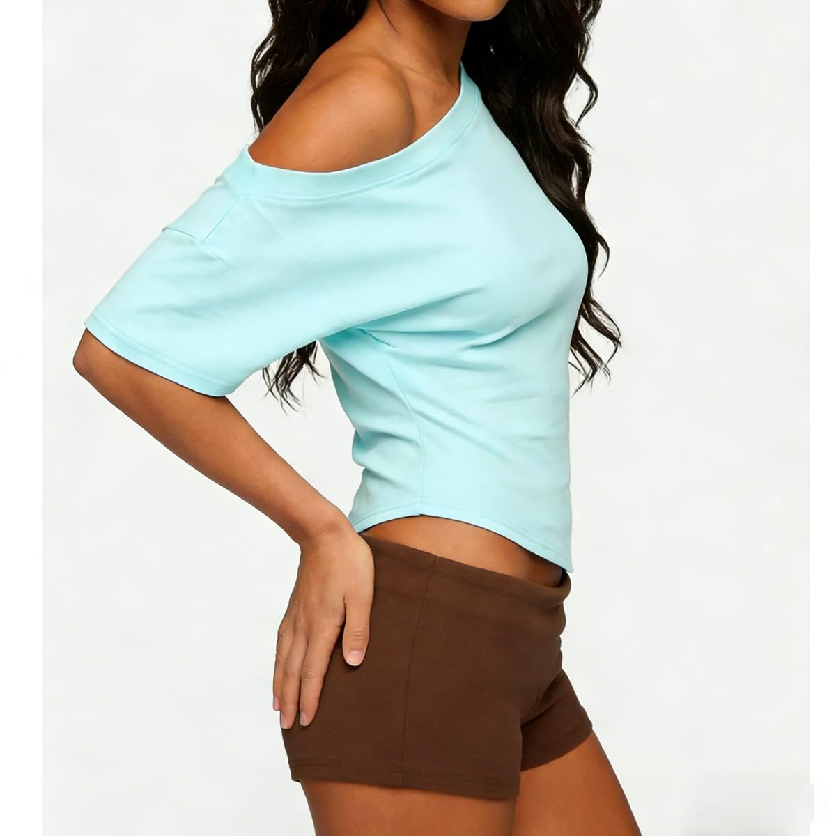 Women Y2K Asymmetric Off Shoulder T-Shirt Coquette Short Sleeve Slim Fit Casual Baby Tee Summer Going Out Crop Tops - Image 5