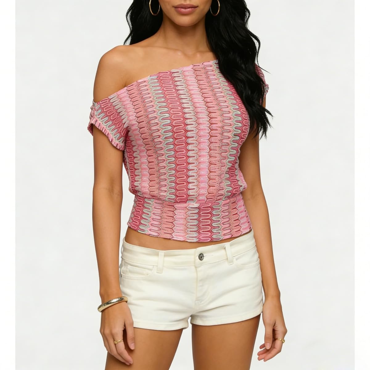 Women Y2K Off Shoulder Knit Crop Top Stripe Textured Short Sleeve Cinched Waist Slim Fit T-Shirt Sexy Going Out Top - Image 3