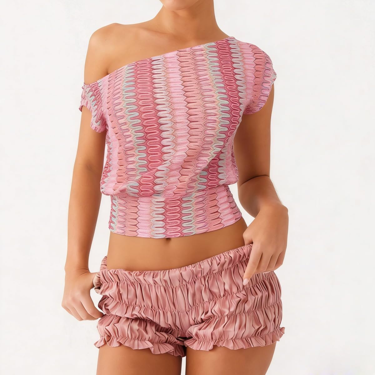 Women Y2K Off Shoulder Knit Crop Top Stripe Textured Short Sleeve Cinched Waist Slim Fit T-Shirt Sexy Going Out Top - Image 5