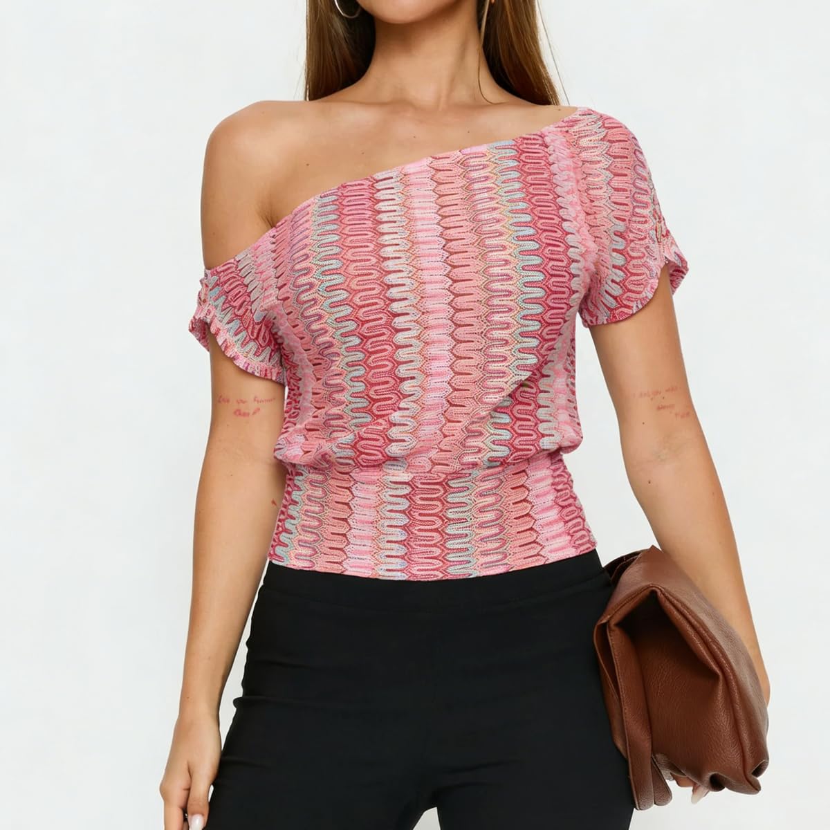 Women Y2K Off Shoulder Knit Crop Top Stripe Textured Short Sleeve Cinched Waist Slim Fit T-Shirt Sexy Going Out Top - Image 6