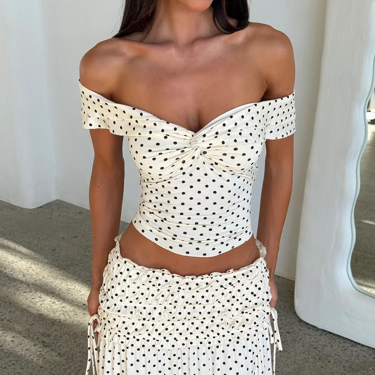 Women Y2K Polka Dot Off Shoulder Crop Top Coquette Twist Front Ruched Slim Fit Ruffled Sleeves Summer Going Out Top - Image 3