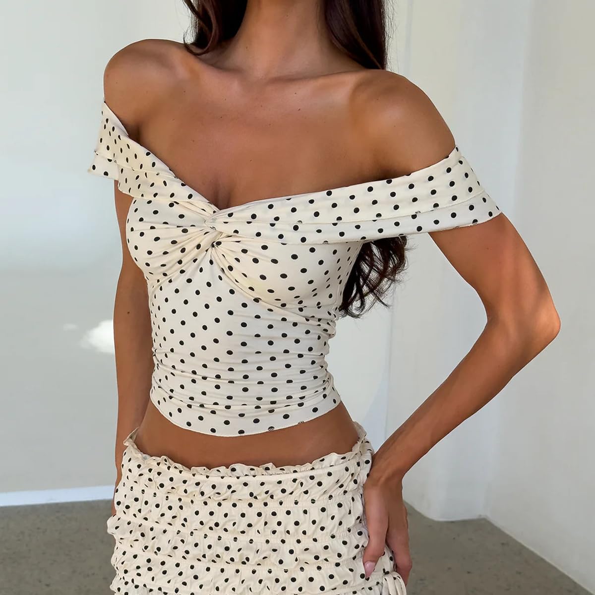 Women Y2K Polka Dot Off Shoulder Crop Top Coquette Twist Front Ruched Slim Fit Ruffled Sleeves Summer Going Out Top - Image 5