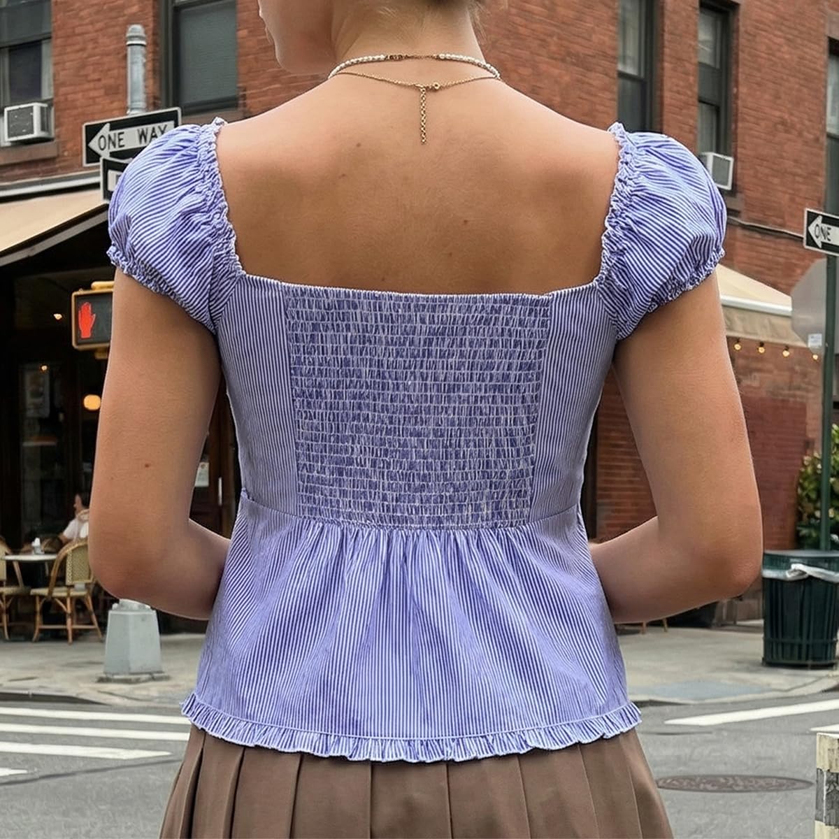 Women Y2K Ruffle Trim Crop Top Sweetheart Neck Button Ruched Bust Smocked Puff Sleeve Blouse Coquette Going Out Top - Image 3