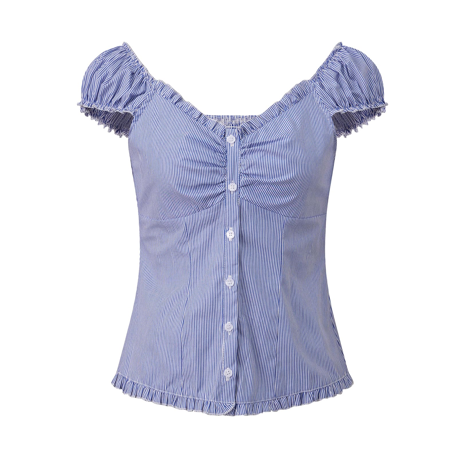 Women Y2K Ruffle Trim Crop Top Sweetheart Neck Button Ruched Bust Smocked Puff Sleeve Blouse Coquette Going Out Top - Image 7