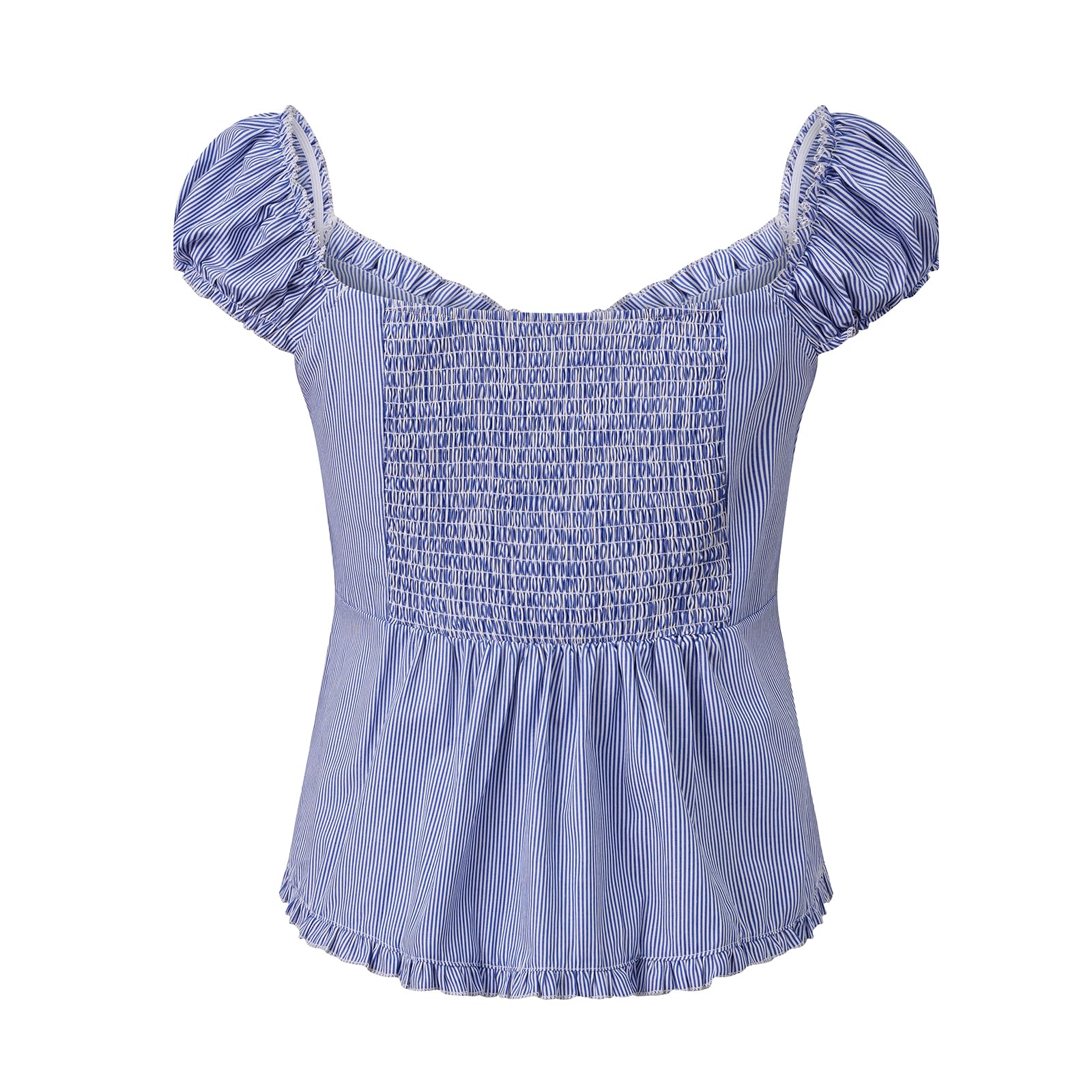 Women Y2K Ruffle Trim Crop Top Sweetheart Neck Button Ruched Bust Smocked Puff Sleeve Blouse Coquette Going Out Top - Image 8