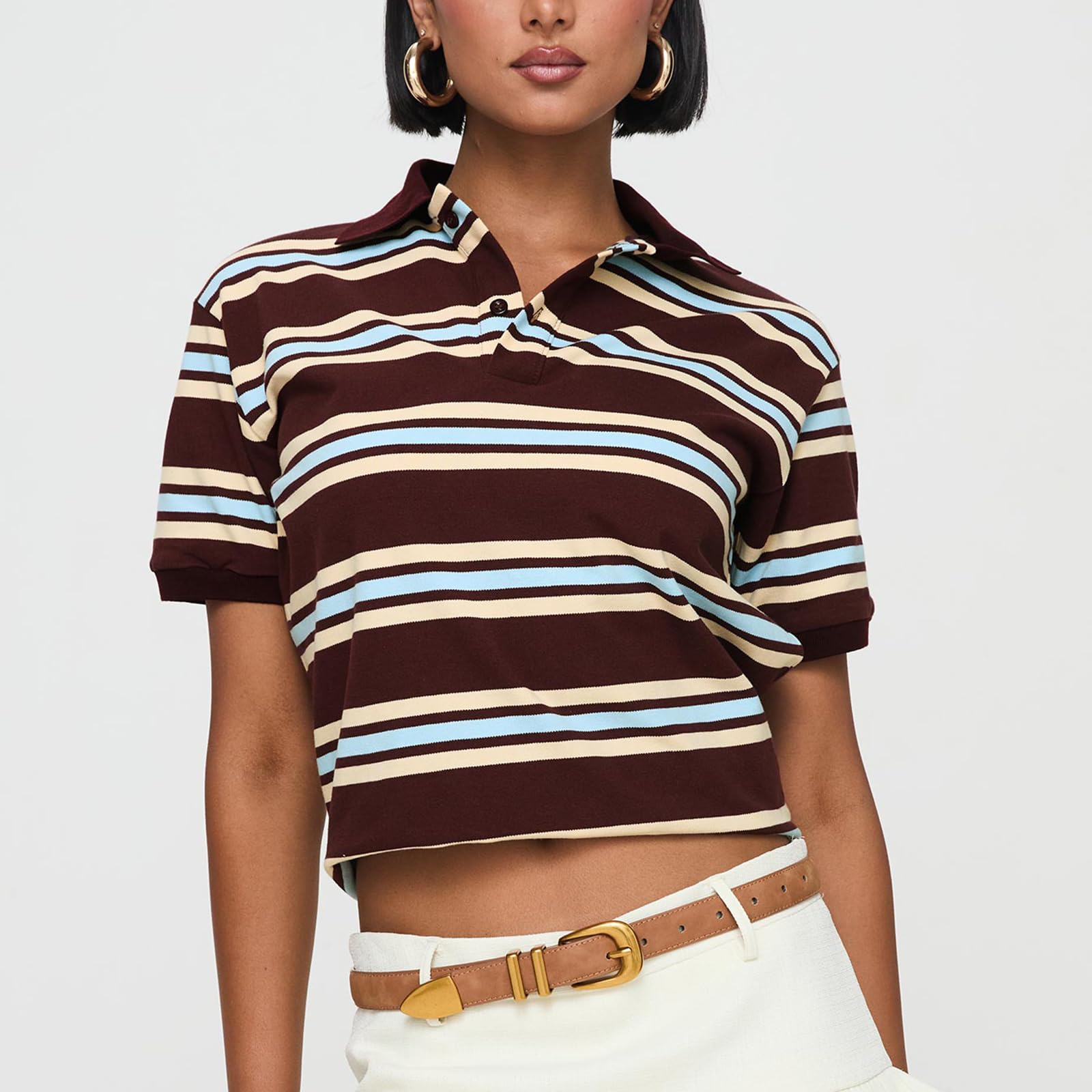 Women Y2K Rugby Polo Shirt 00S Grunge Collared Button V Neck Short Sleeve Striped Preppy Pullover Tops Streetwear - Image 3