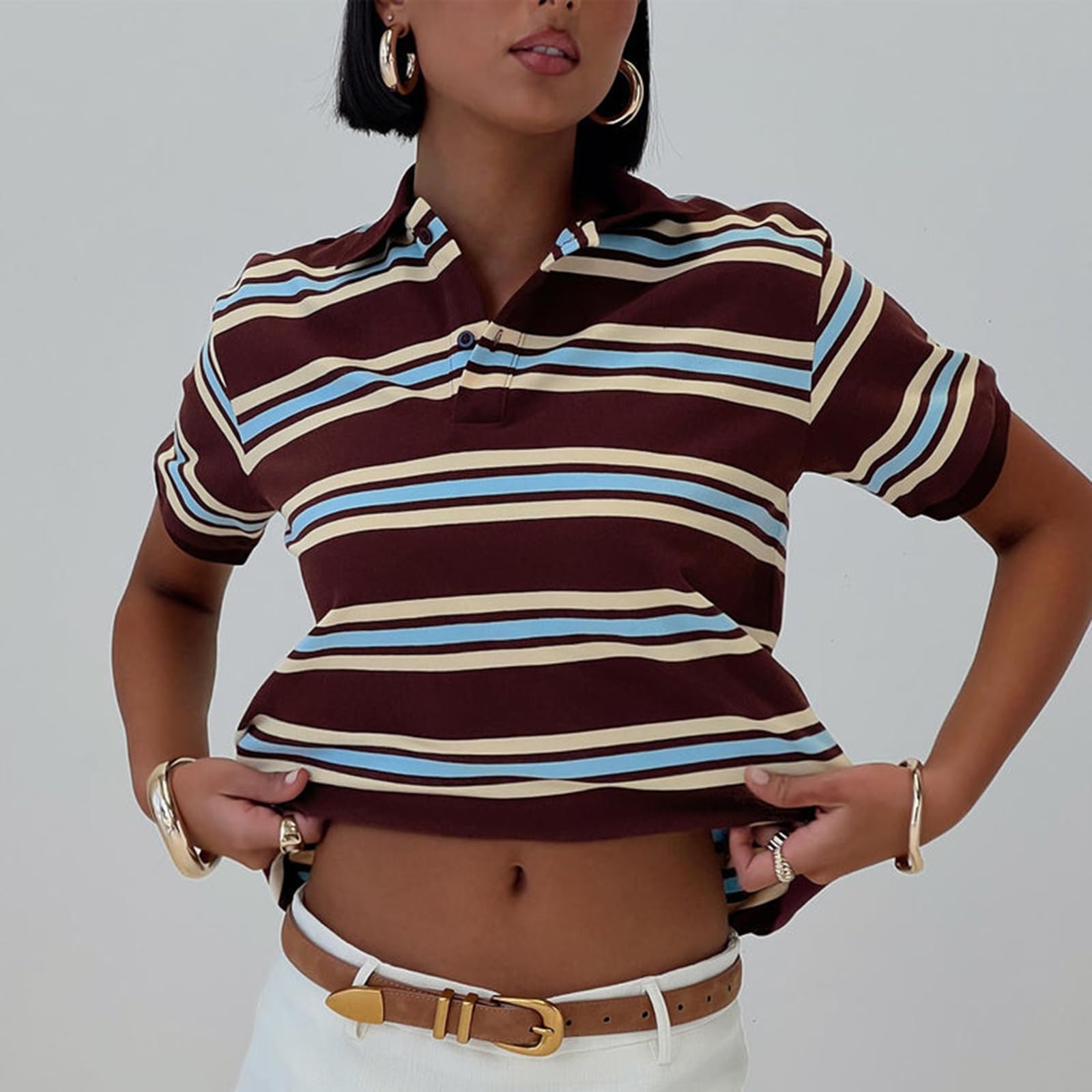 Women Y2K Rugby Polo Shirt 00S Grunge Collared Button V Neck Short Sleeve Striped Preppy Pullover Tops Streetwear - Image 7