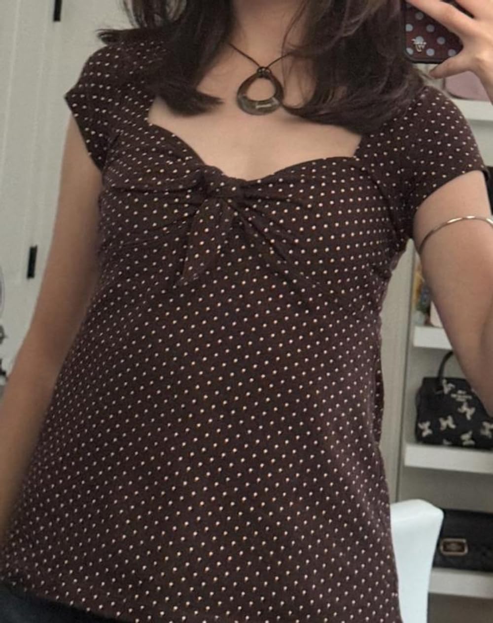 Women Y2K Tie Up Polka Dot T-Shirt Coquette Aesthetic Babydoll Crop Top Preppy Vintage Short Sleeve Milkmaid Tees - Image 3