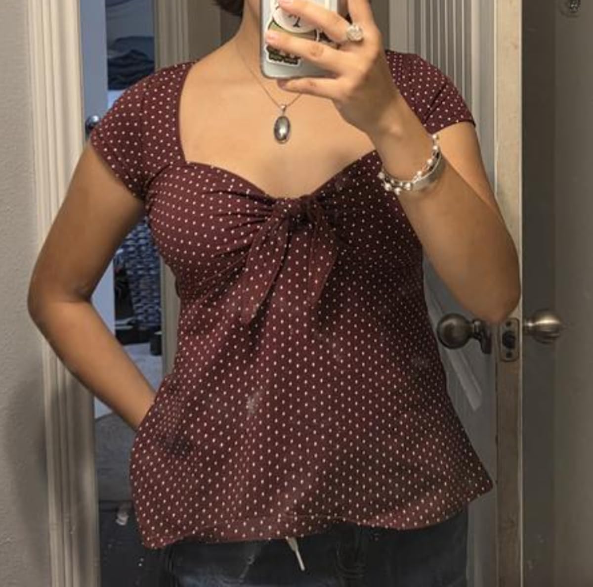 Women Y2K Tie Up Polka Dot T-Shirt Coquette Aesthetic Babydoll Crop Top Preppy Vintage Short Sleeve Milkmaid Tees - Image 4