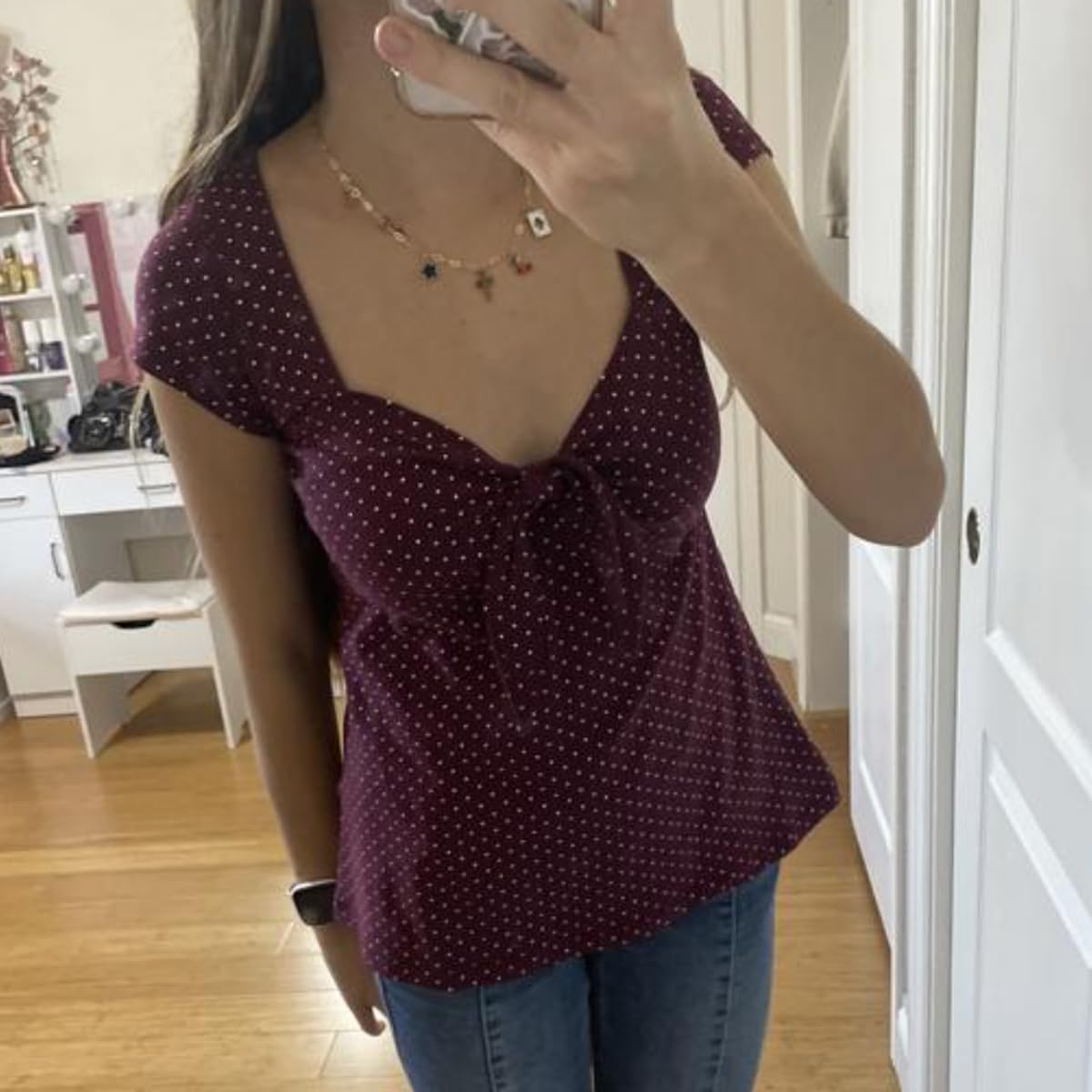 Women Y2K Tie Up Polka Dot T-Shirt Coquette Aesthetic Babydoll Crop Top Preppy Vintage Short Sleeve Milkmaid Tees - Image 5