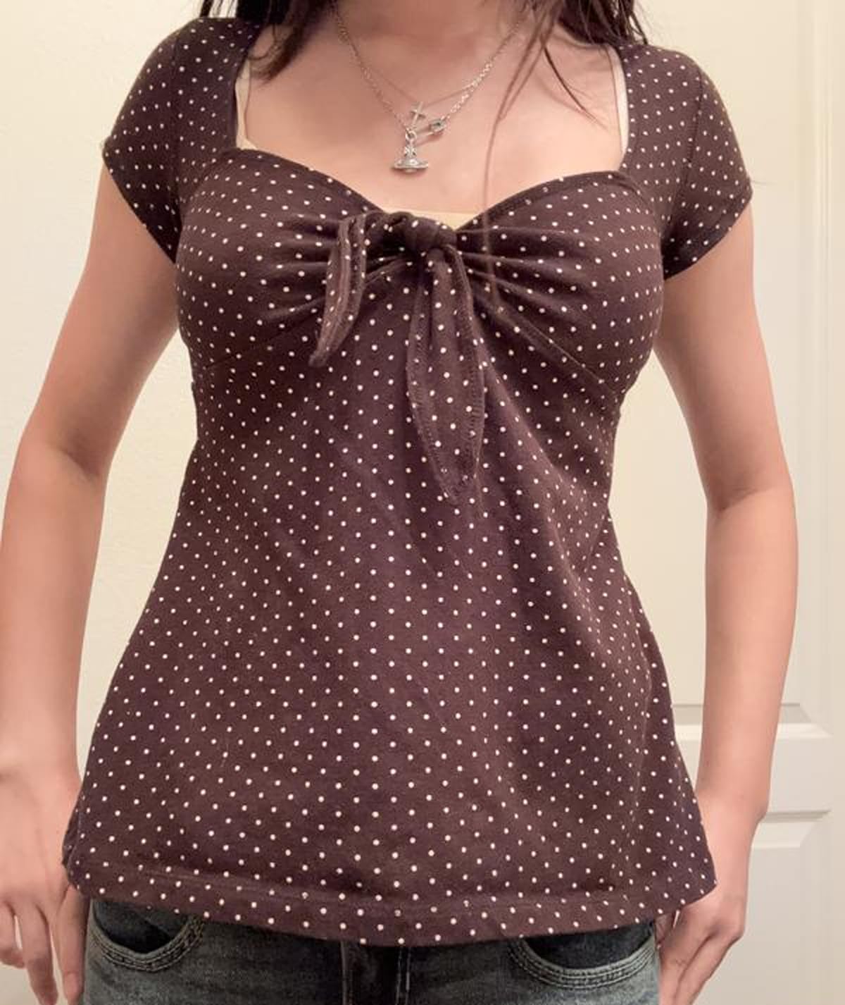 Women Y2K Tie Up Polka Dot T-Shirt Coquette Aesthetic Babydoll Crop Top Preppy Vintage Short Sleeve Milkmaid Tees - Image 6